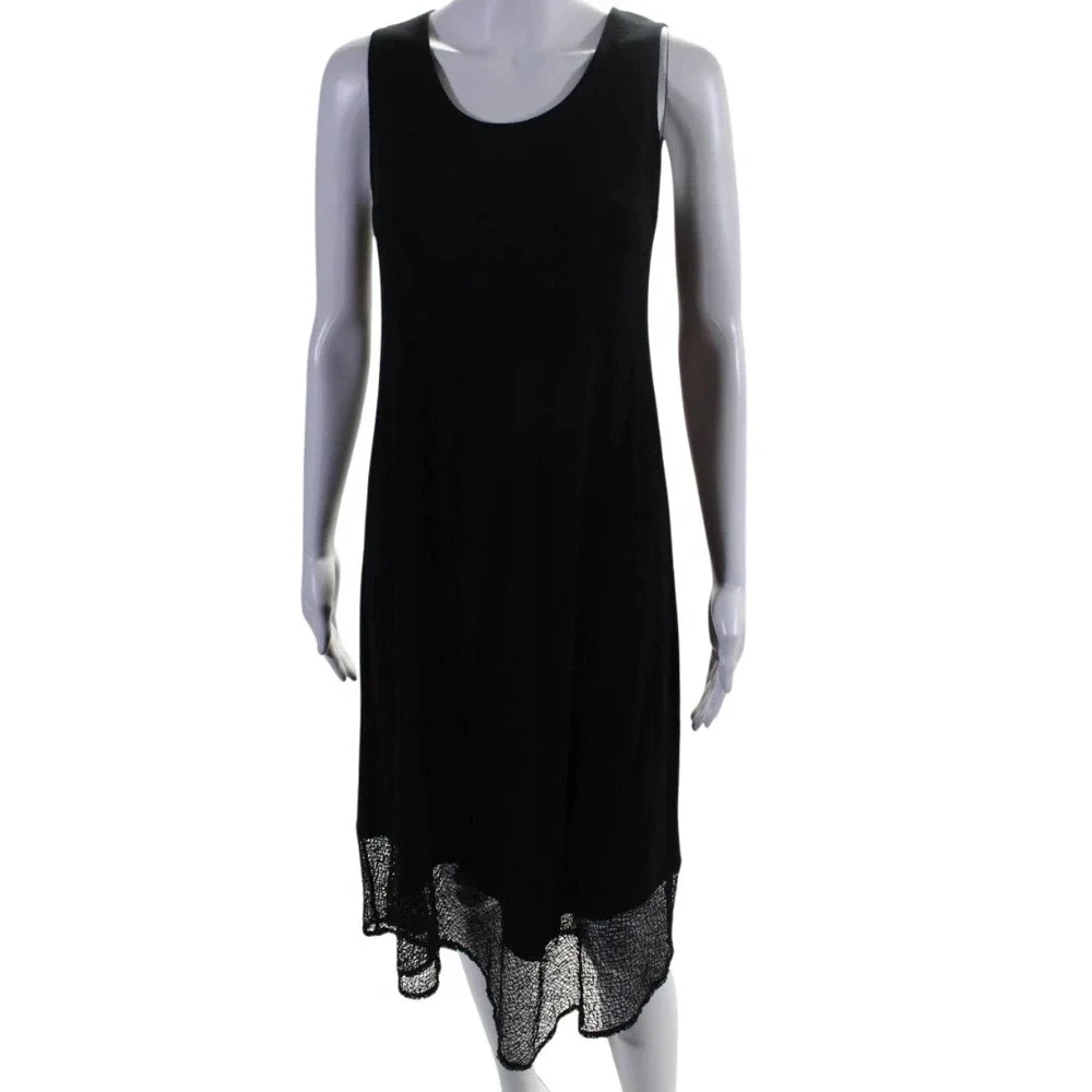 Eileen Fisher Black Sleeveless Midi Dress Knit‎ Jersey Lace Hem